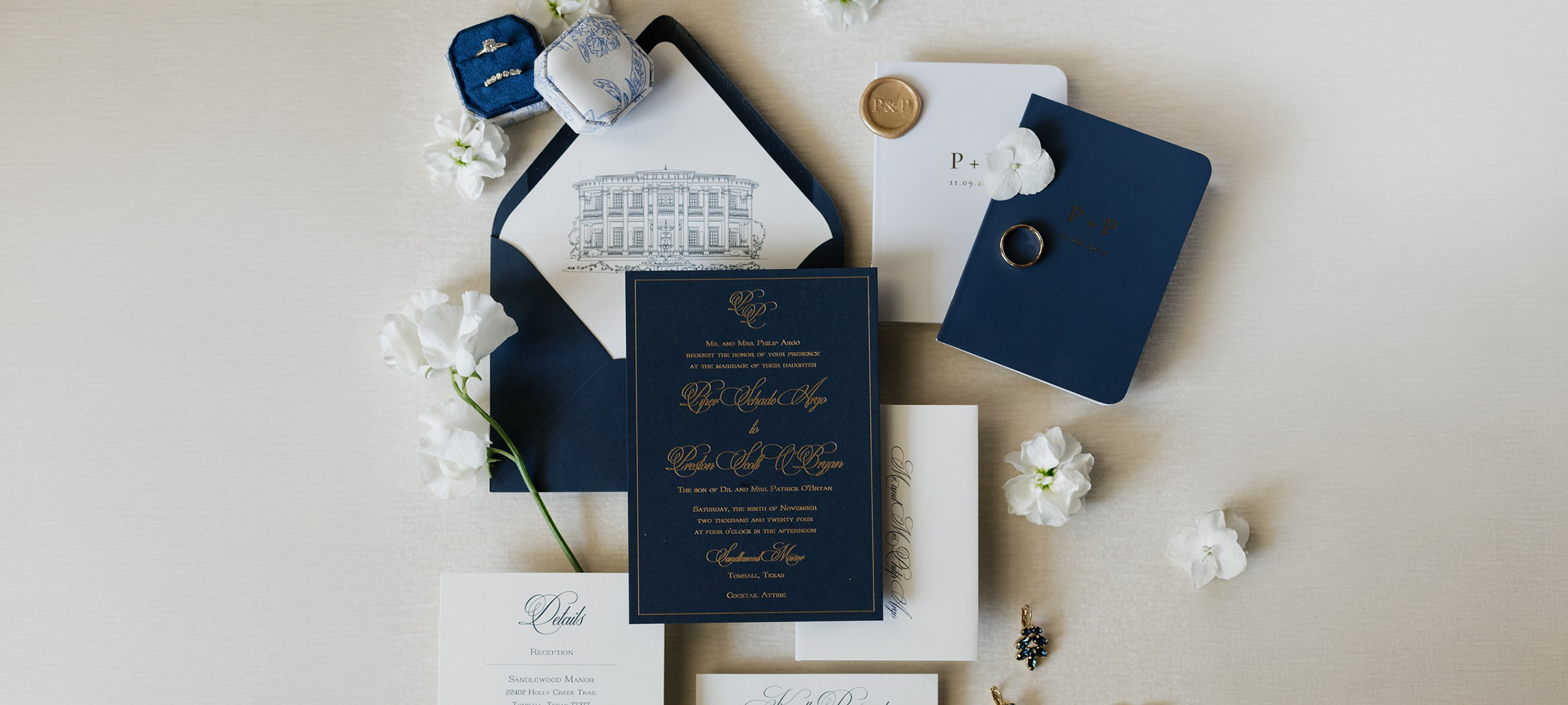 Luxury wedding invitation suite flat lay
